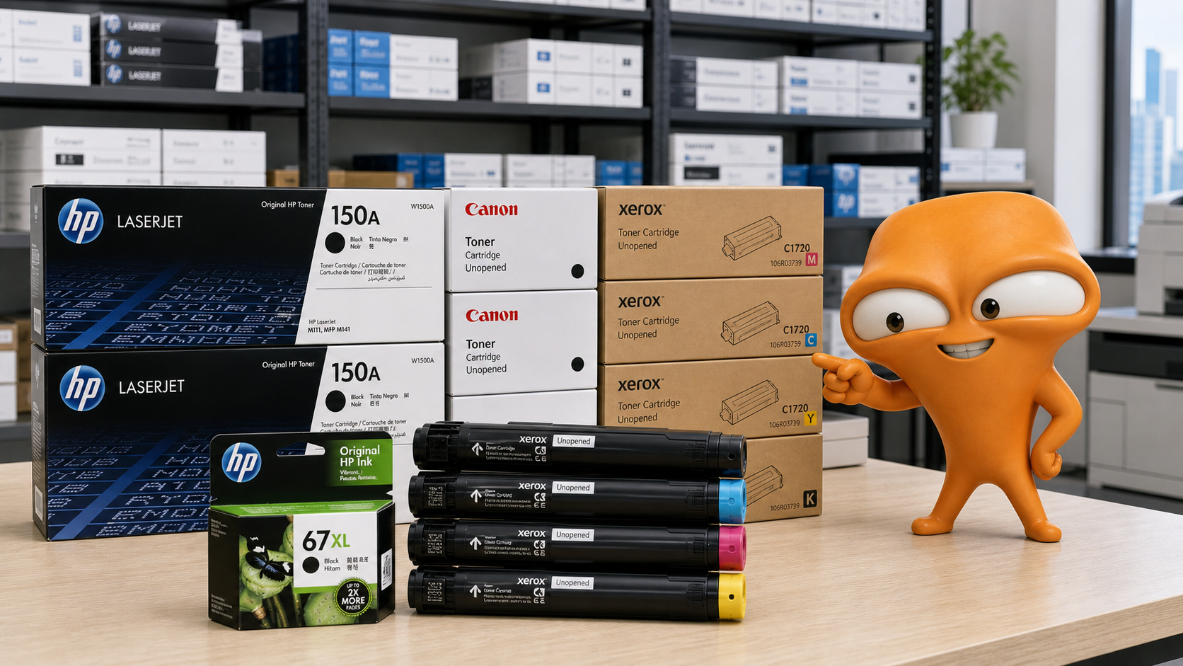 辦公室內整齊擺放全新未開封 HP Canon Xerox 原裝碳粉墨盒，mascot 指向包裝標籤