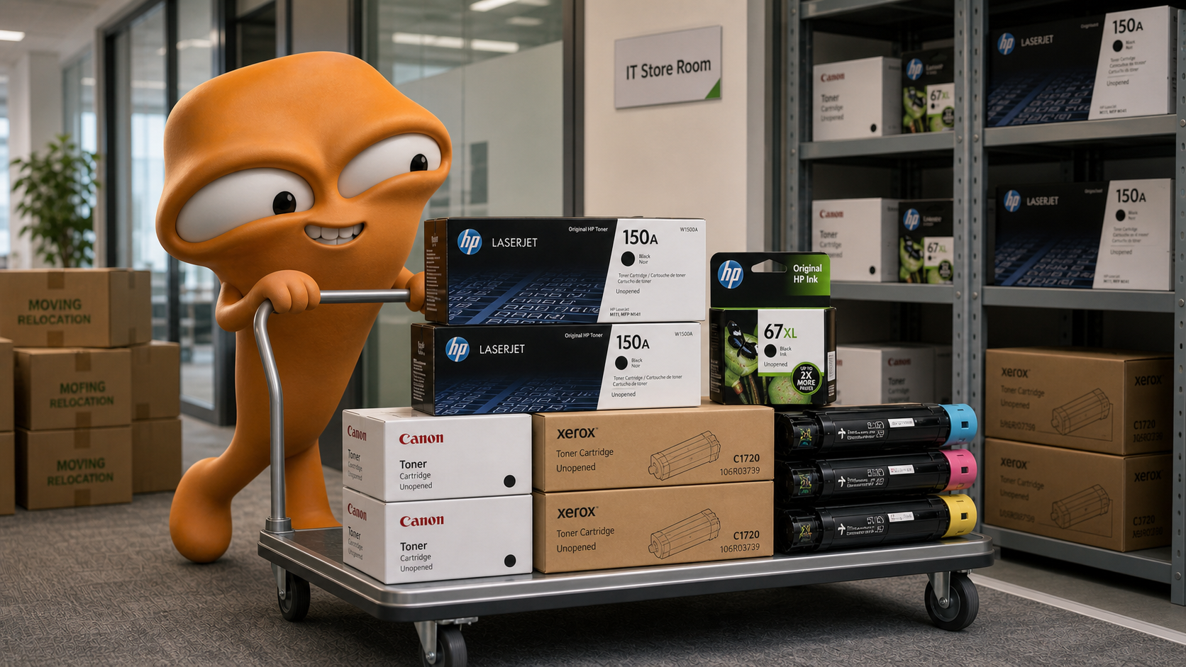 mascot 推著載滿全新未開封碳粉墨盒的手推車，準備處理辦公室清倉耗材