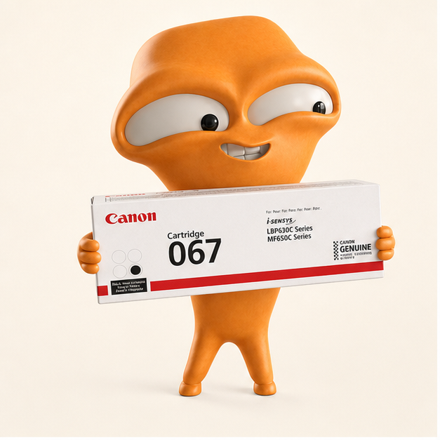 綠在 mascot 拿著 Canon 原裝碳粉盒