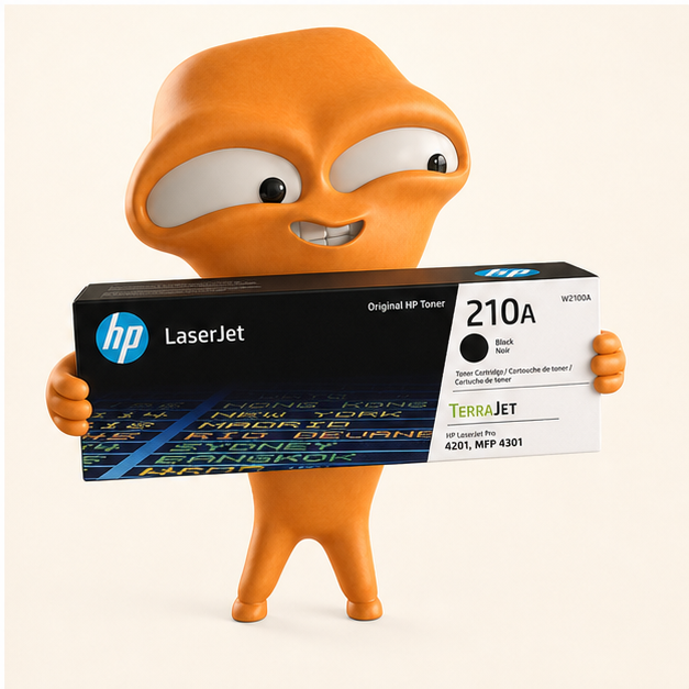 綠在 mascot 拿著 HP 210A 原裝碳粉盒