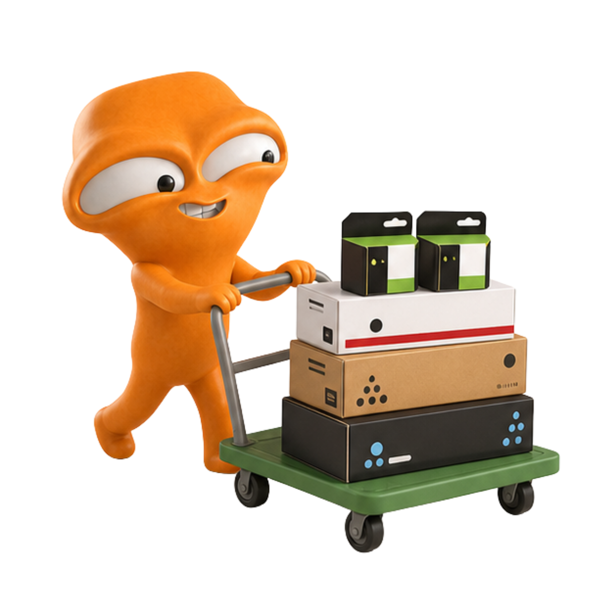 綠在 mascot 推著全新打印耗材準備收取