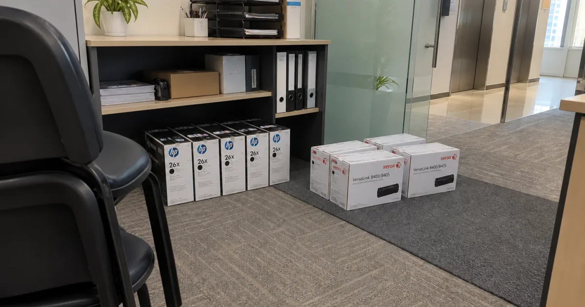 辦公室層架前分組擺放HP及Xerox碳粉原裝包裝盒